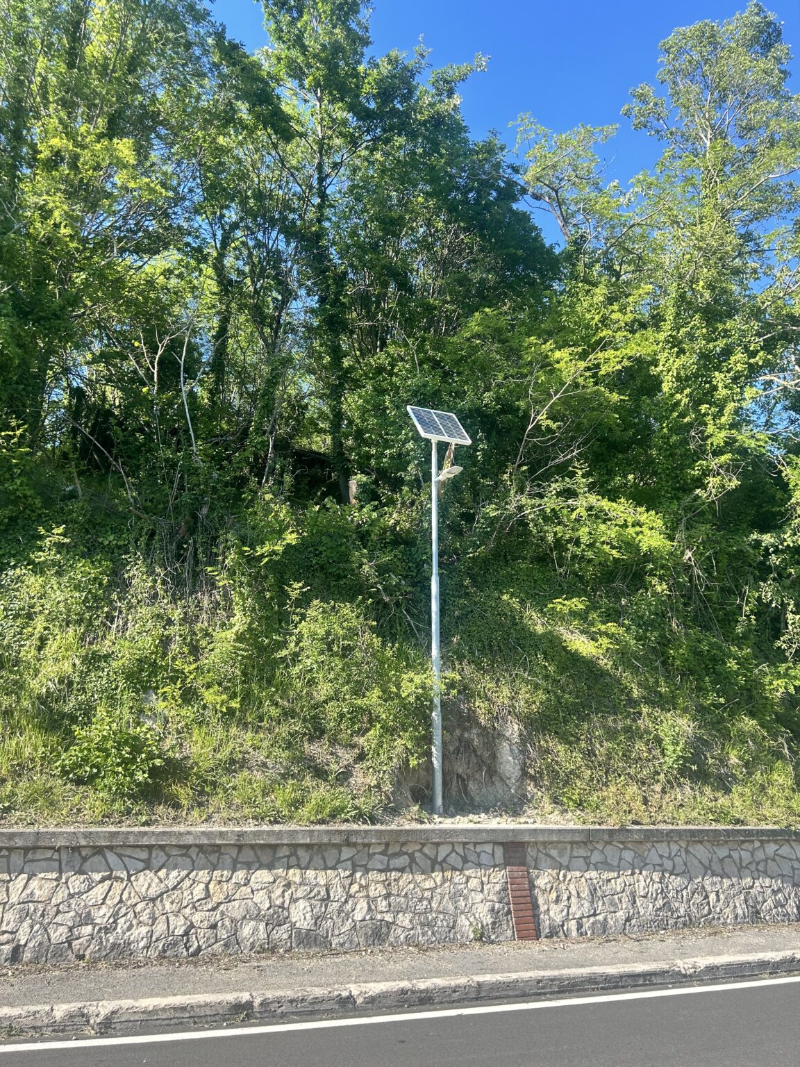 Lampadaire solaire UP2 installé au bord d'une route, entouré de végétation