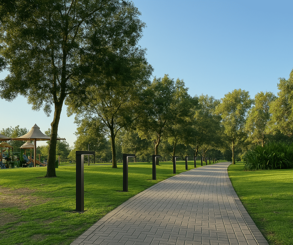 Borne solaire le long d'un cheminement vert dans un parc